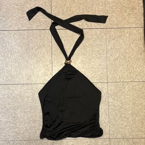 Black Halter Top with Gold Ring Detail